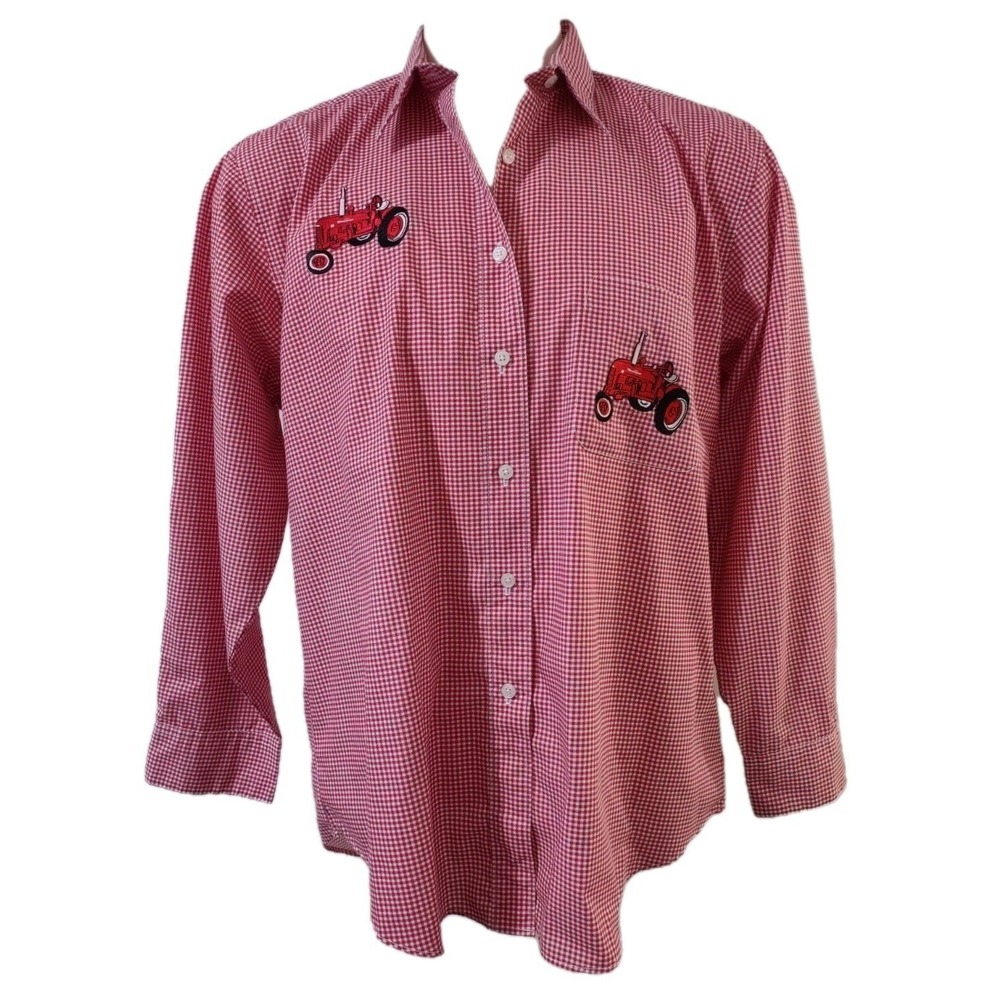 Las Olas Shirt Women's Size L Red Checked Tractor Embroidered Button Up Collared